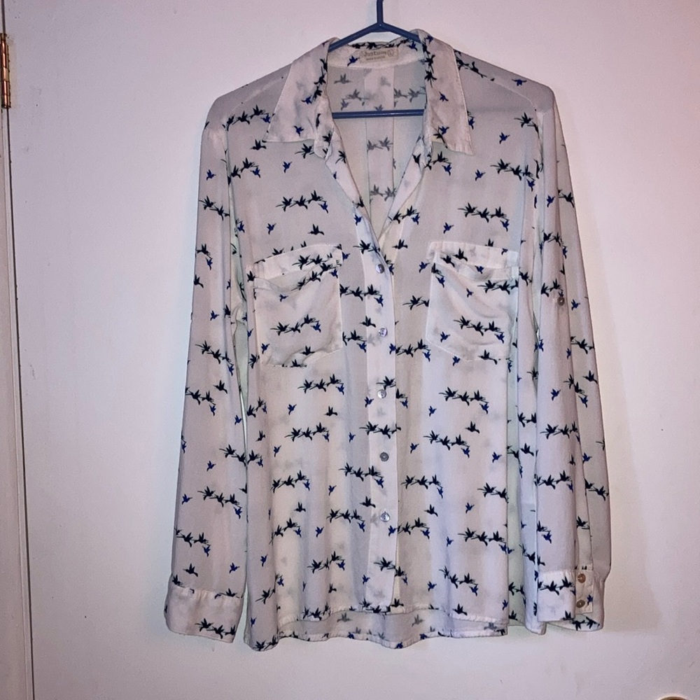 JUST living white bird blouse. Size L